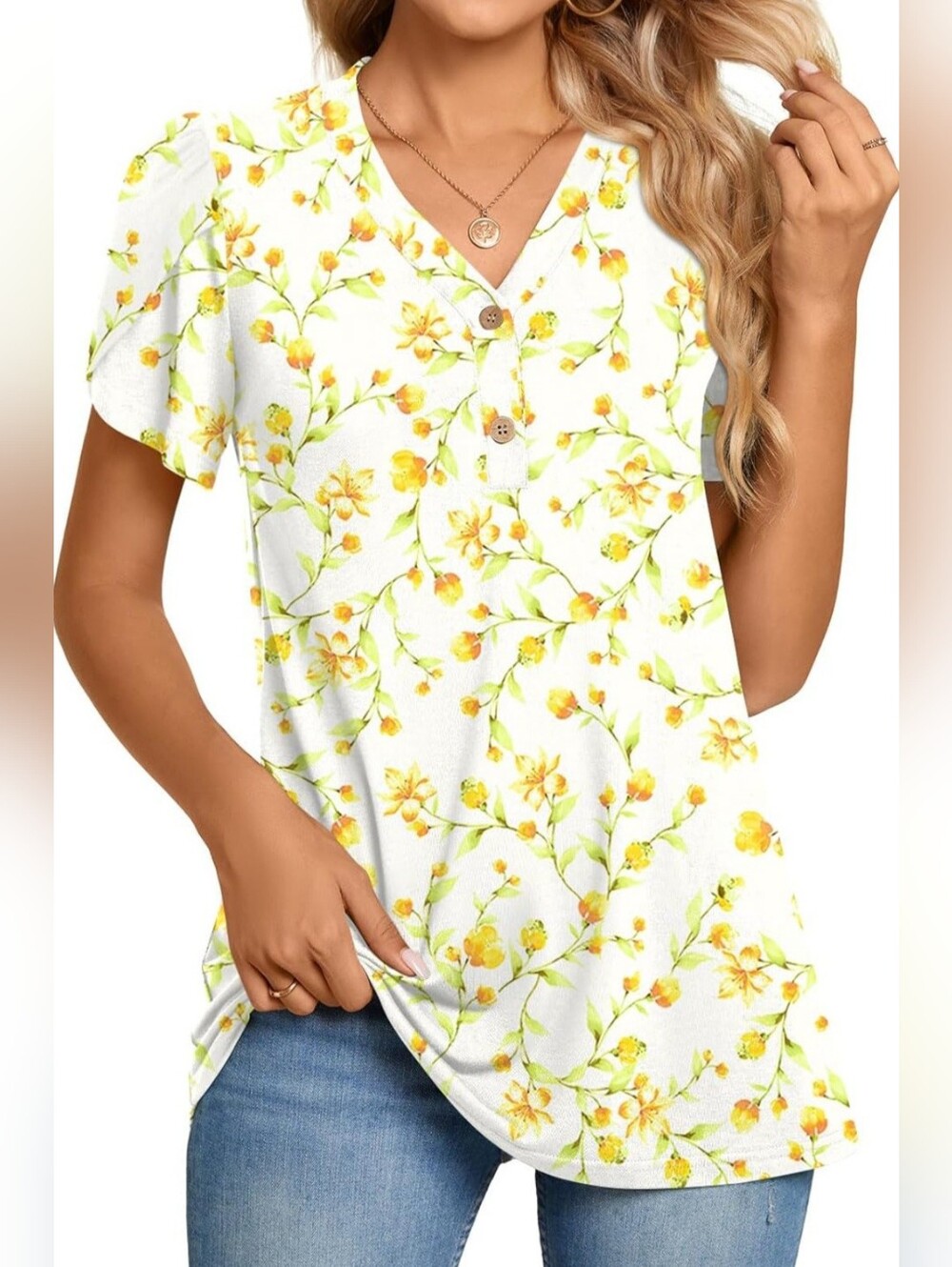 Women's Summer Henley V-Neck Button Up Top Petal Sleeve